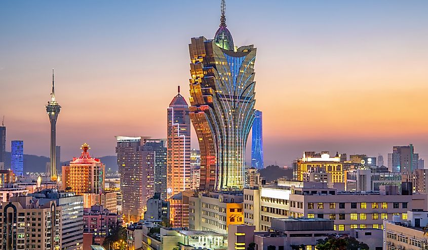 Macau, city skyline at night.