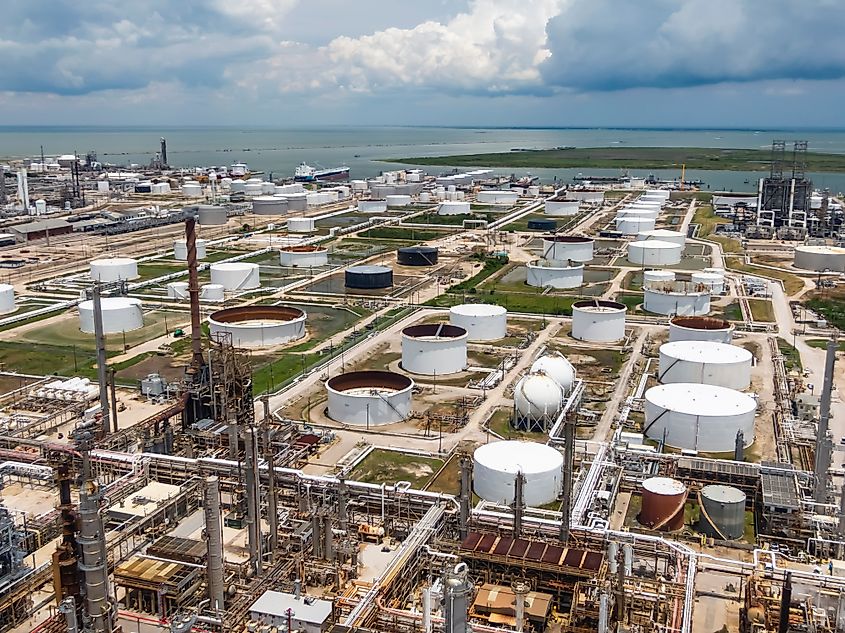 Aerial views of an oil refinery on the Texas Gulf Coast.