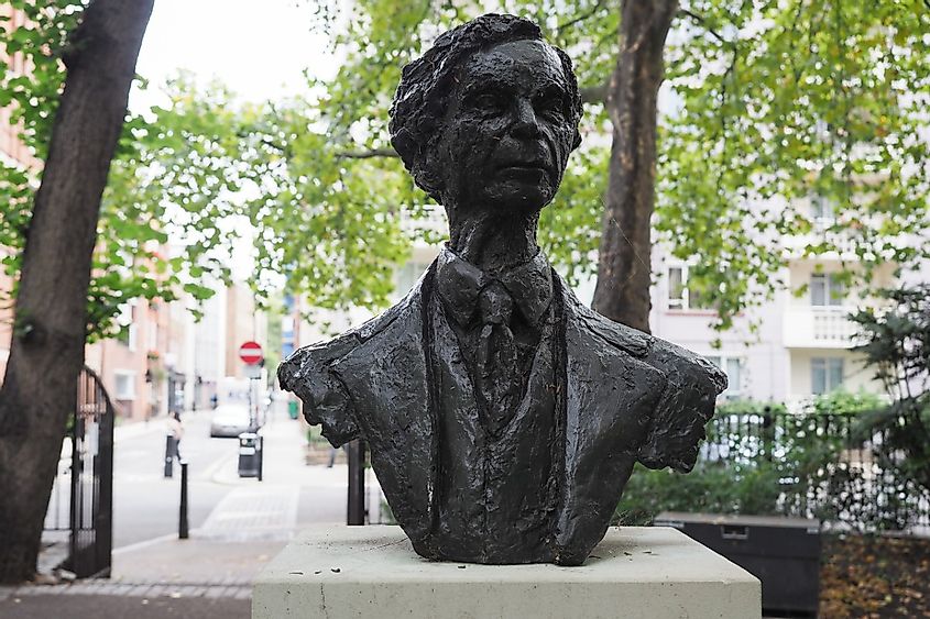 Statue of British philosopher Bertrand Russell in Red Lion square by sculptor Marcelle Quinton circa 1980