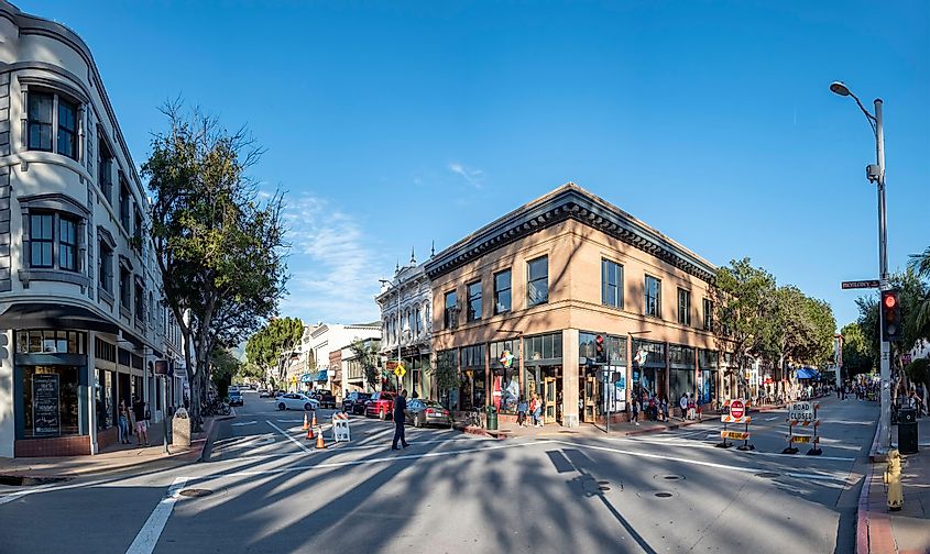 People enjoy a warm spring day in the old town of San Luis Obispo at the main historic Monterey street, via travelview / Shutterstock.com