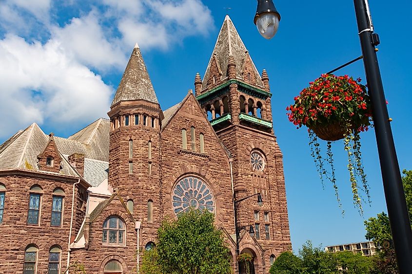 The old stone church in the middle of Galesburg, Illinois.