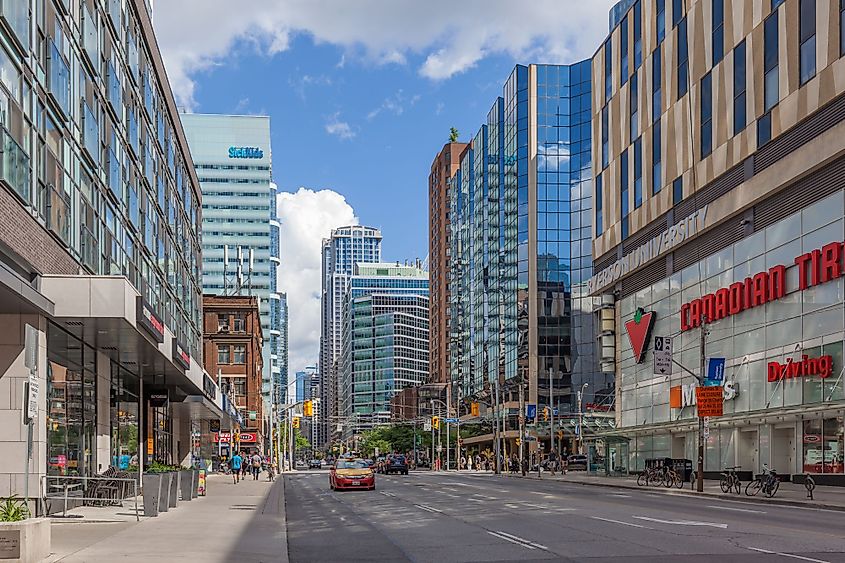 Bay Street looking north from Dundas Street west in Toronto