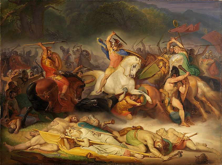 Painting of the Battle of Teutoberg Forest, by Wilhelm Lindenschmit the Elder, Public domain, via Wikimedia Commons.