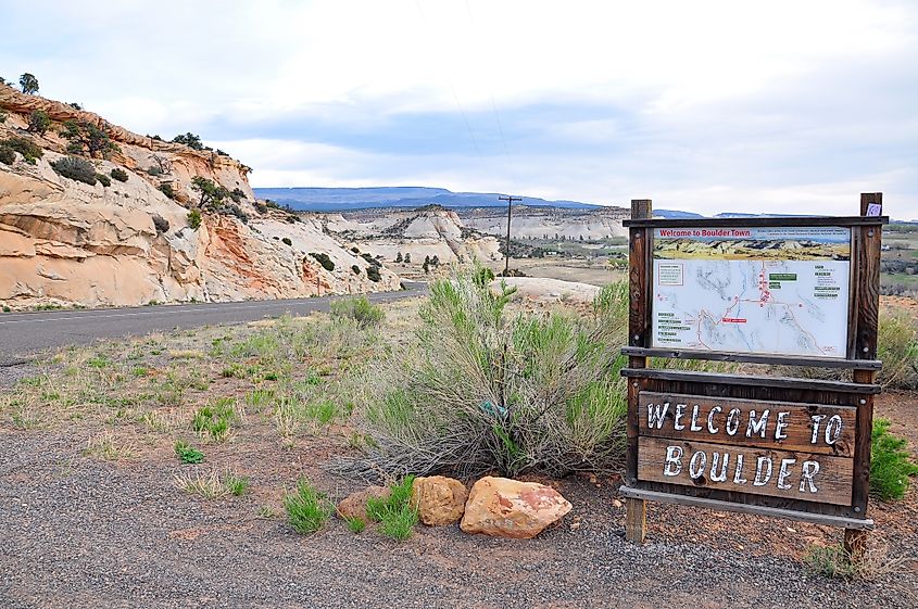 Sign welcoming visitors to Boulder, Utah.