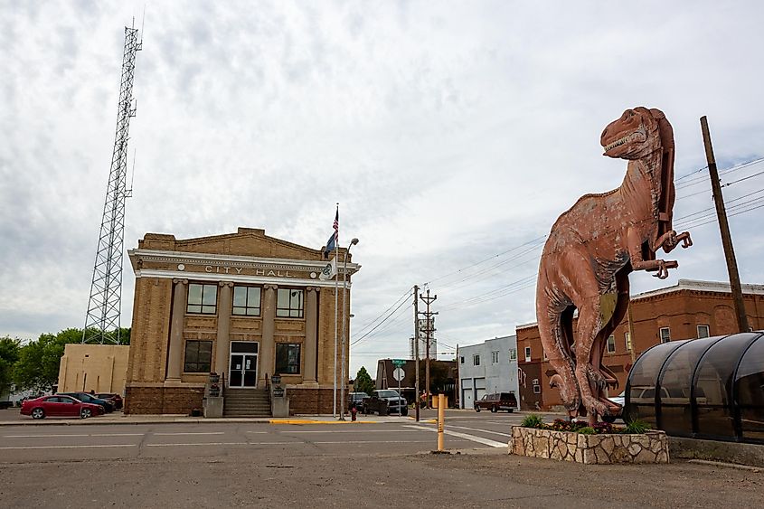 A dinosaur statue next to City Hall in Glendive, Montana.