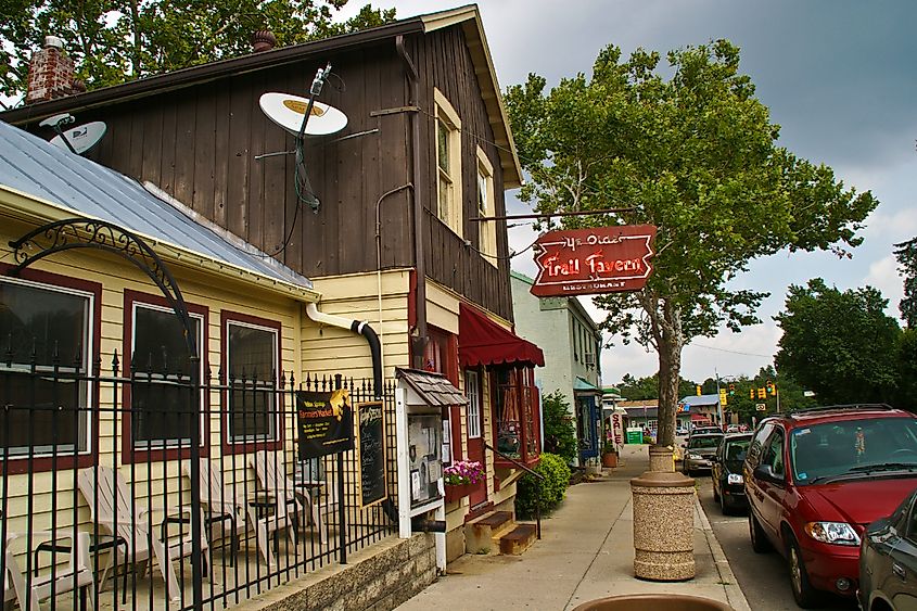 Exterior view of Ye Olde Trail Tavern in Yellow Springs, Ohio, with its rustic wooden facade and historic charm.