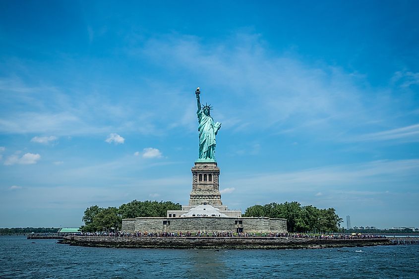 The Statue of Liberty on Liberty Island in New York Harbor.