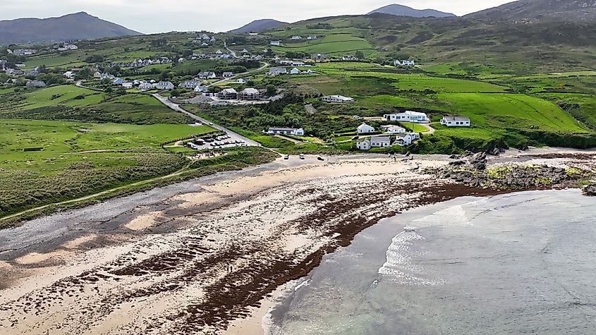 Aerial view of Ballyliffin Beach Strand on the Atlantic Ocean in Ireland.