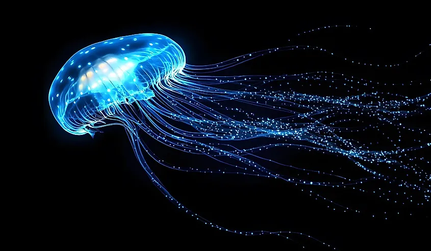 Ethereal glowing jellyfish gracefully drifting through the dark ocean.