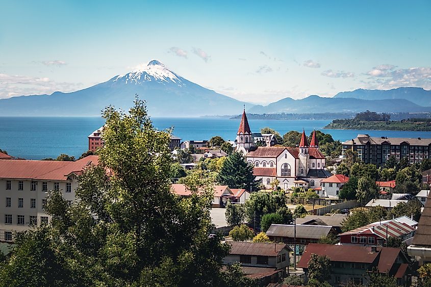 Aerial view of Puerto Varas with Sacred Heart Church and Osorno Volcano in the background, Puerto Varas, Chile.