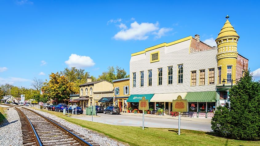 Midway, Kentucky, October 16, 2016: Main street of Midway - a small town in Central Kentucky famous of its boutique shops and restaurants.