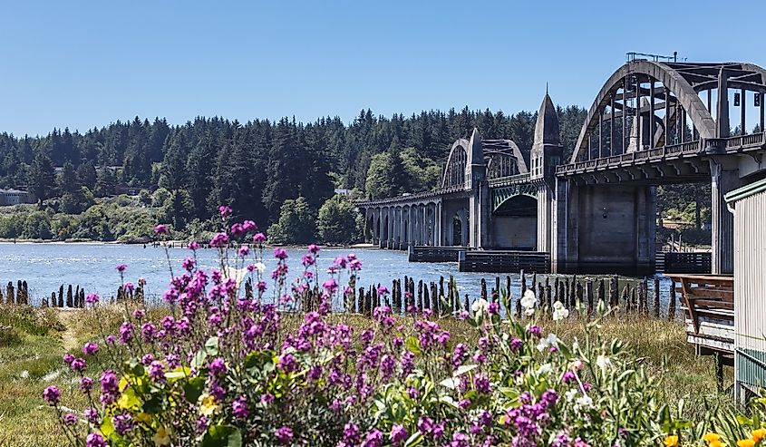 Beautiful view of Siuslaw river bridge and the river in historic old town Florence, Oregon