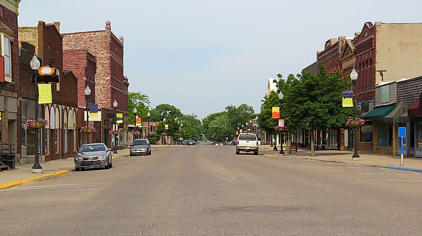 Main Street in Pipestone, Minnesota, on a summer afternoon