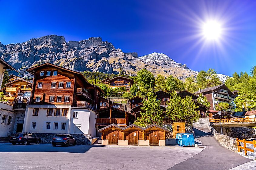 Chalet and hotels in swiss village in Alps, Leukerbad, Switzerland.