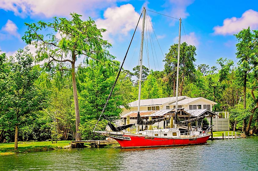 A boat is docked on the Magnolia River near Magnolia Landing in Magnolia Springs, Alabama.