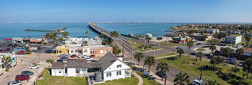Port Isabel, Texas, USA - November 19, 2019: Aerial view of South Padre Island, across the Laguna Madre, from Port Isabel.