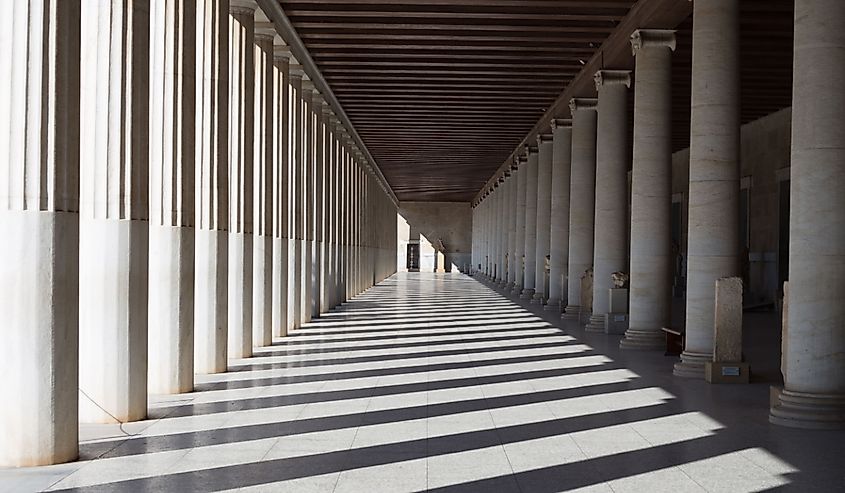 Beautiful old Colonnade of the Ancient Agora of Athens in Greece