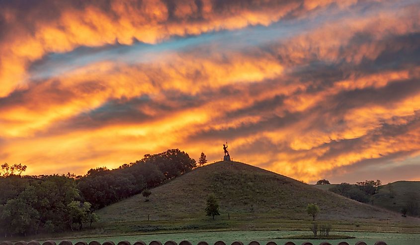 The Black Viking statue under brilliant sunrise skies in Fort Ransom, North Dakota.