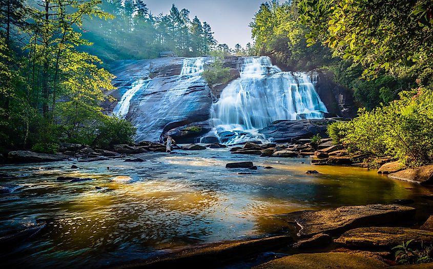 An early morning misty photo of High Falls of Dupont Forest in Brevard, Western North Carolina