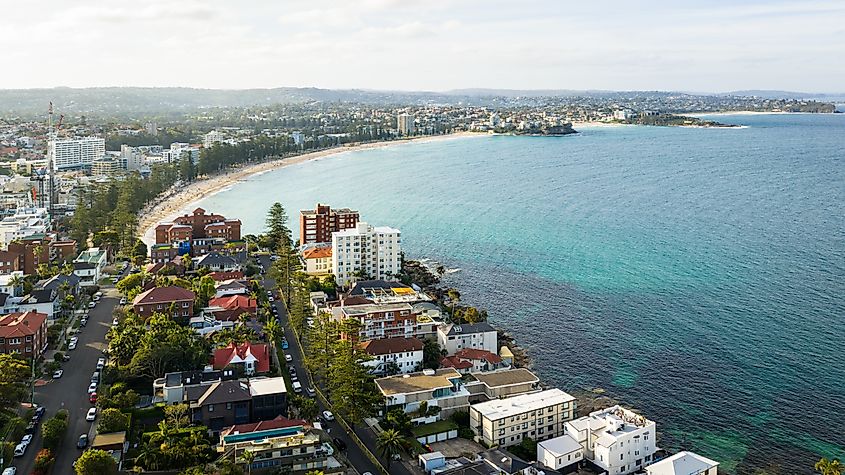 Aerial Panorama of Manly Beach and Northern Beaches Coastline, Sydney Australia.