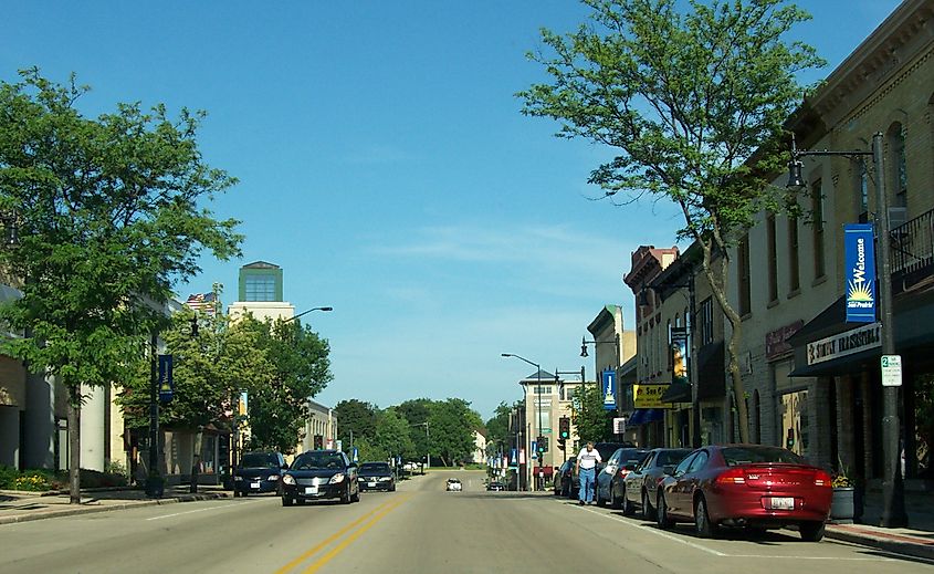 Looking west at downtown Sun Prairie, Wisconsin(USA) while traveling on Wisconsin Highway 19.