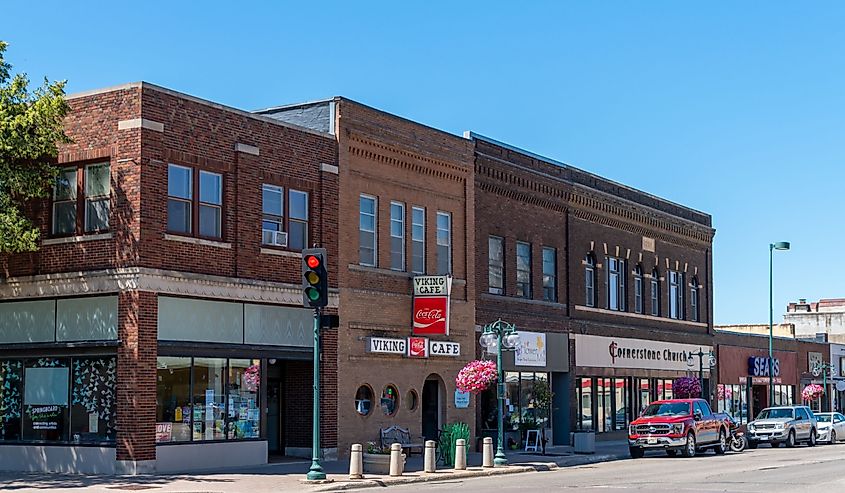 Downtown Fergus Falls, Minnesota, commercial buildings on a summer's day