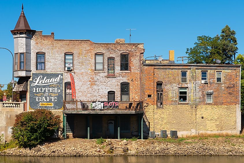 Belvidere, Illinois - United States - September 28th, 2021: Exterior of the historic Leland Hotel, built in 1926, on a beautiful Summer morning.