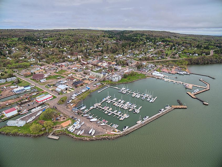 Aerial view of Bayfield and Lake Superior in Wisconsin