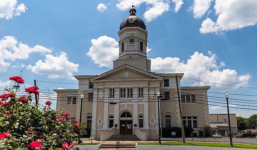 Port Gibson, MS / USA - June 19, 2020: The historic Claiborne County Courthouse in Port Gibson, Mississippi