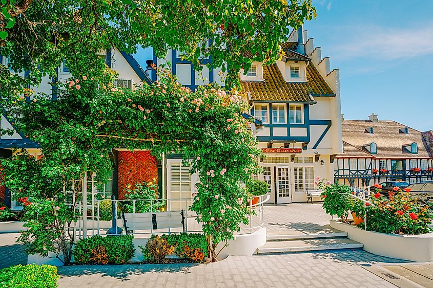 Front view of the Wine Valley Inn in Solvang, California. 