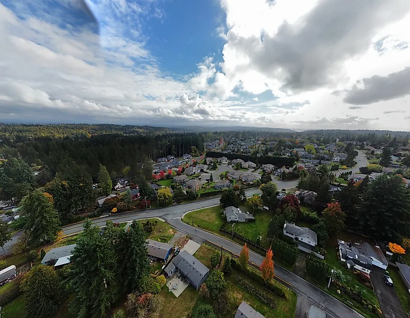 Aerial panoramic view over a residential neighborhood in Brier, Washington.