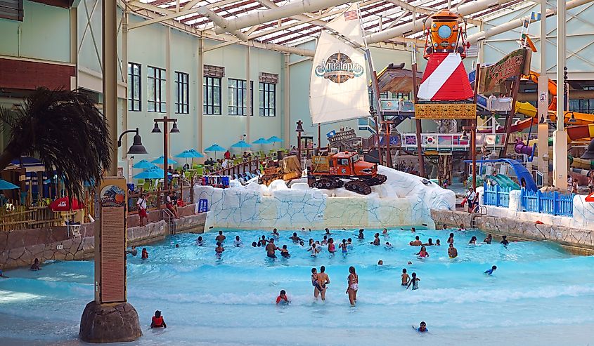 View of the Aquatopia indoor waterpark at the Camelback Mountain Resort in Tannersville, Pennsylvania.