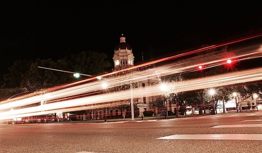 Courthouse in Seward, Nebraska on a summer night with light trails