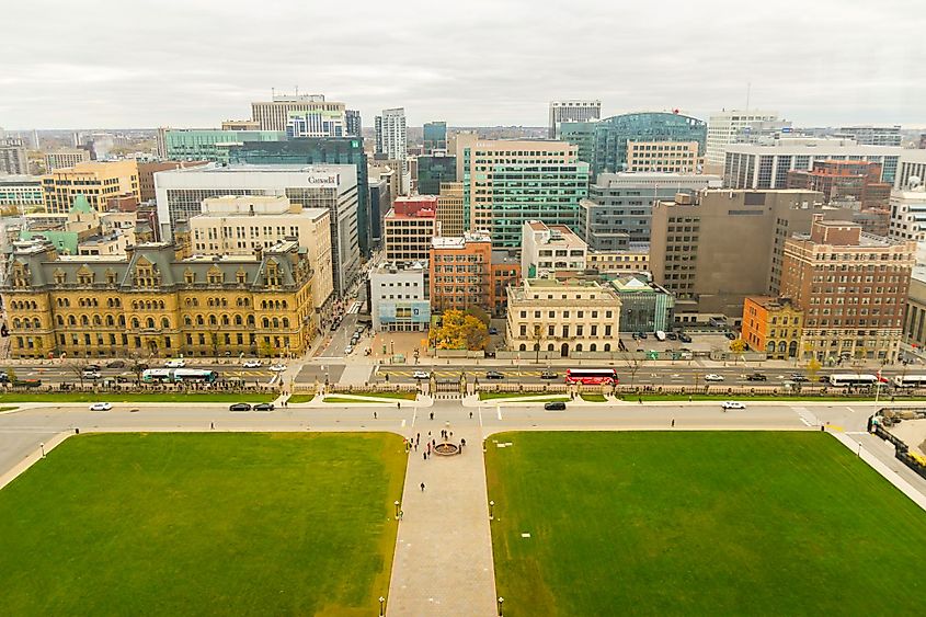 Bird's eye view of the modern architecture of the Canadian capital from the Peace Tower