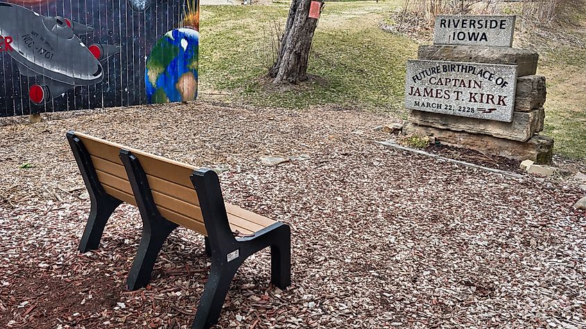 RIVERSIDE, IA/USA - APRIL 8. 2018: "Future Birthplace of Captain James T. Kirk" (a.k.a. William Shatner) and the Enterprise NCC-1701 from the TV science fiction series "Star Trek" tribute.
