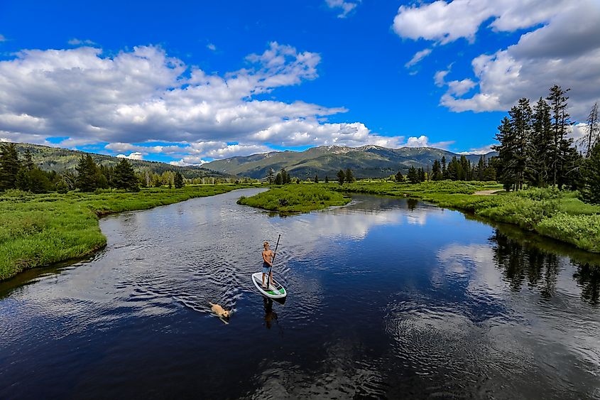 A boy and his dog on the Salmon River in Idaho.