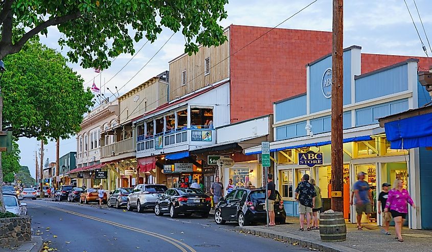 View of historic buildings in Lahaina, a former missionary town and capital of Hawaii before Honolulu and a center of the global whaling industry on the island of Maui.