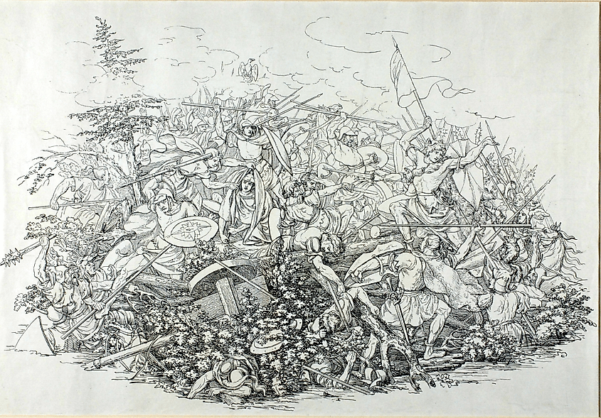 Lithograph by Swiss painter Martin Disteli depicting Varus falling on his sword during the Battle of the Teutoburg Forest
