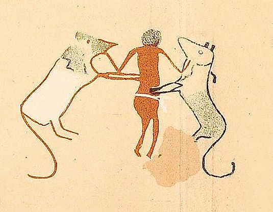 An image discovered in a tomb in Hierakonpolis showing a figure with lions.