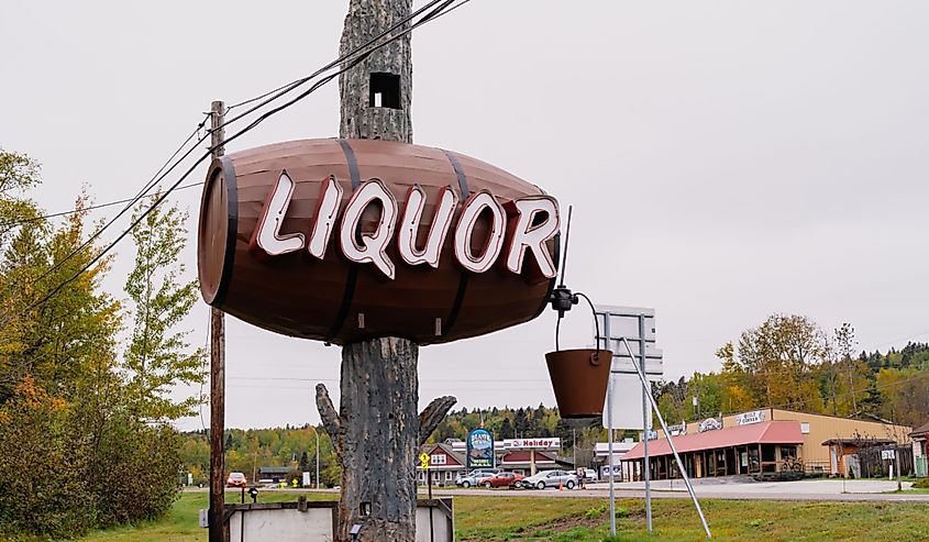 Liquor barrel sign for the municipal liquor store off Highway 61, Beaver Bay, Minnesota