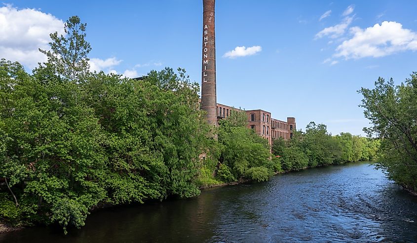 Blackstone River Valley National Historic Park. Ashton Mill brick smokestack. Former cotton mill now apartments for Providence area. Village remains example of a Rhode Island System mill village.