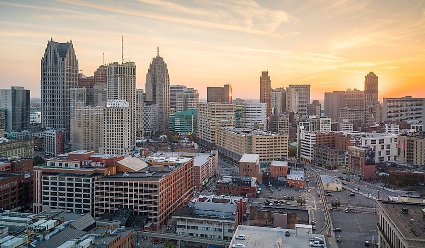 Aerial view of downtown Detroit at twilight in Michigan USA