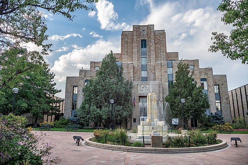 View of the Boulder County Courthouse, a historic building on the Pearl Street Mall in Boulder, Colorado