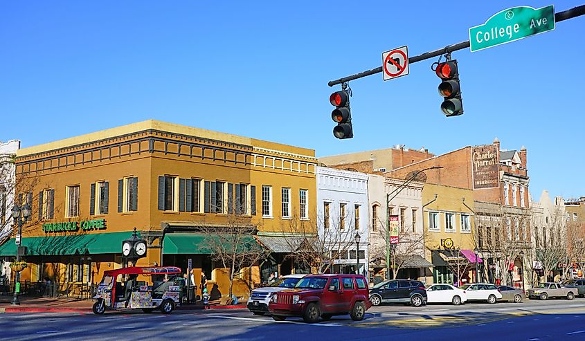 View of downtown Athens, Georgia, home of the campus of the University of Georgia (UGA), one of the oldest public universities in the United States.