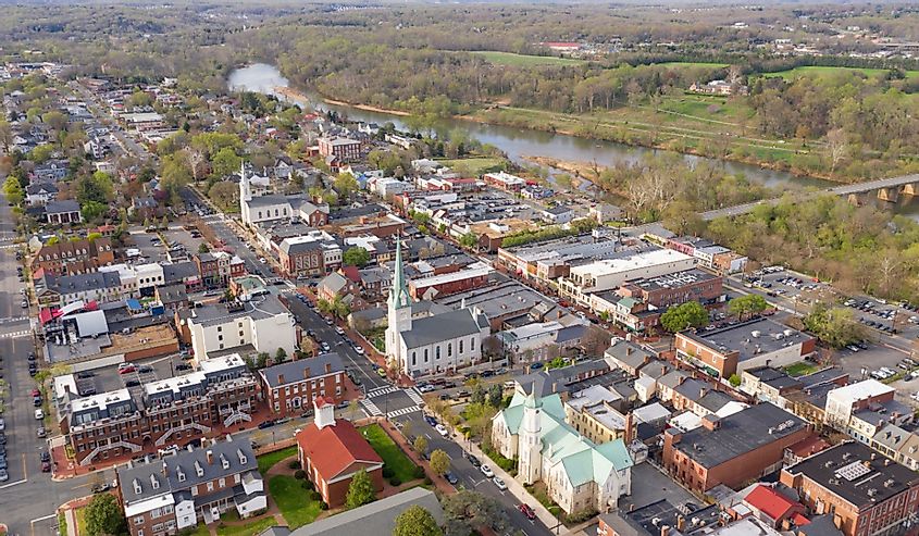 The Rappahannock River flows along next to the historic city of Fredericksburg Virginia