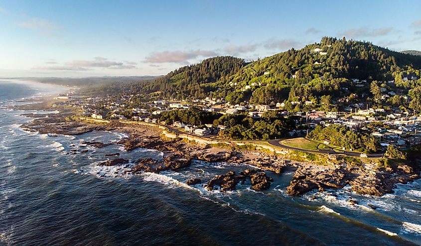 The town of Yachats on the rough Oregon coast in a beautiful sunset scene