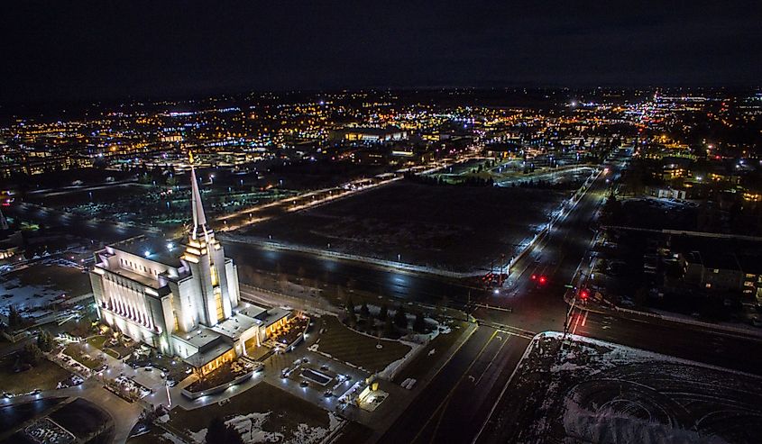 Aerial view of downtown Rexburg at night