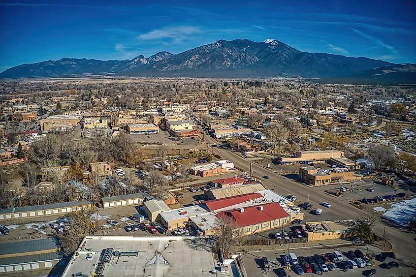 Aerial view of Taos, New Mexico, during winter.