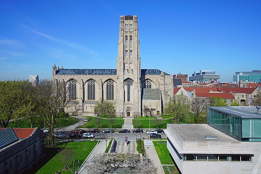 View of the Rockefeller Memorial Chapel on the Gothic campus of the University of Chicago.