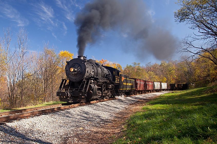 Western Maryland Railroad steam train in Cumberland, Maryland. This scenic railroad offers excursions on a 1916 Baldwin locomotive.